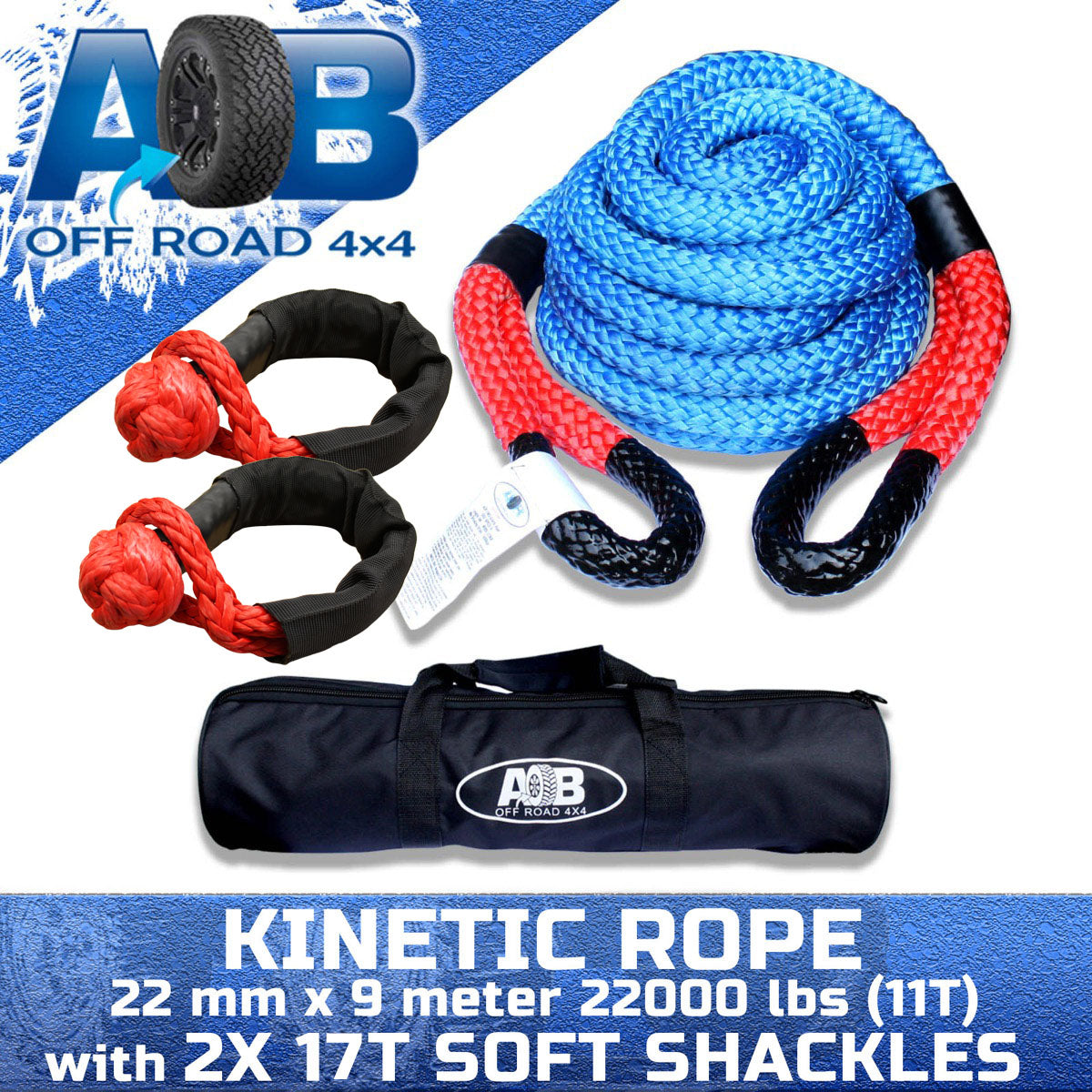 Air On Board 11T kinetic recovery rope kit with two 17T soft shackles
